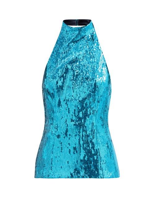 Matchesfashion.com Galvan - Oceana Halterneck Sequinned Top - Womens - Blue