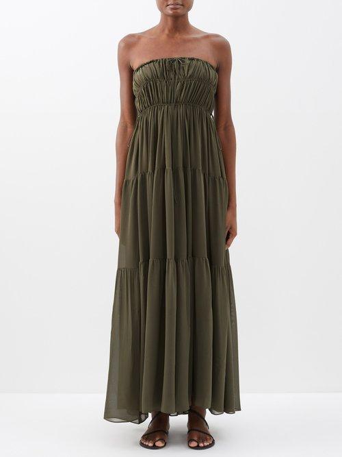 Matteau - Shirred Off-the-shoulder Organic-cotton Maxi Dress - Womens - Olive