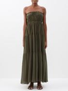Matteau - Shirred Off-the-shoulder Organic-cotton Maxi Dress - Womens - Olive