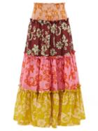 Ale Mais - Luis Floral-print Tiered Ramie Skirt - Womens - Multi