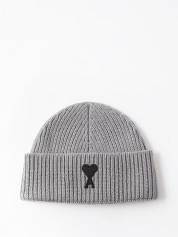 Ami - Ami De Caur-logo Ribbed-wool Beanie Hat - Mens - Grey Black