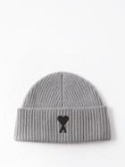 Ami - Ami De Caur-logo Ribbed-wool Beanie Hat - Mens - Grey Black