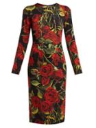 Matchesfashion.com Dolce & Gabbana - Rose Print Silk Blend Crpe Dress - Womens - Black Multi