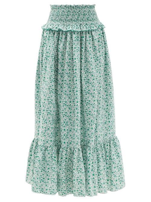 Ladies Beachwear Loretta Caponi - Amira Shirred Floral-print Cotton Skirt - Womens - White Print