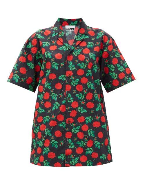Matchesfashion.com Ganni - Rose-print Cotton Shirt - Womens - Black Multi