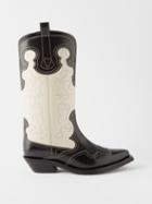 Ganni - Topstitched Leather Cowboy Boots - Womens - Black/white