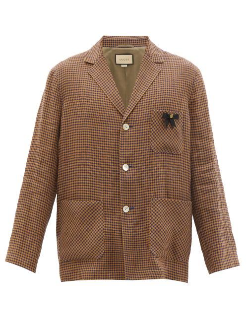 Mens Rtw Gucci - Single-breasted Pin-embellished Check Linen Blazer - Mens - Brown
