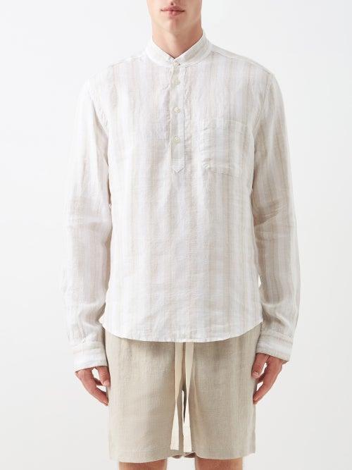 Thorsun - Mandarin-collar Striped Linen Shirt - Mens - Beige Stripe