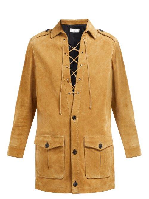 Matchesfashion.com Saint Laurent - Lace Up Suede Mini Dress - Womens - Light Brown
