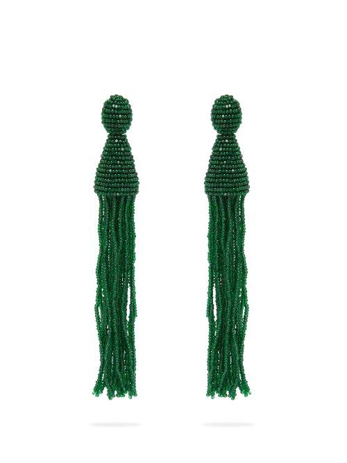 Matchesfashion.com Oscar De La Renta - Bead Embellished Tassel Drop Earrings - Womens - Green