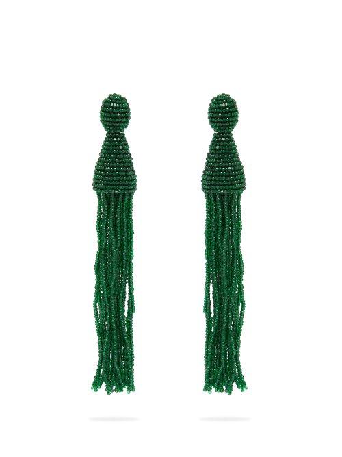 Matchesfashion.com Oscar De La Renta - Bead Embellished Tassel Drop Earrings - Womens - Green