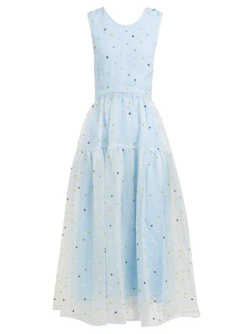 Matchesfashion.com Cecilie Bahnsen - Ruth Floral Beaded Silk Organza Midi Dress - Womens - Blue Multi
