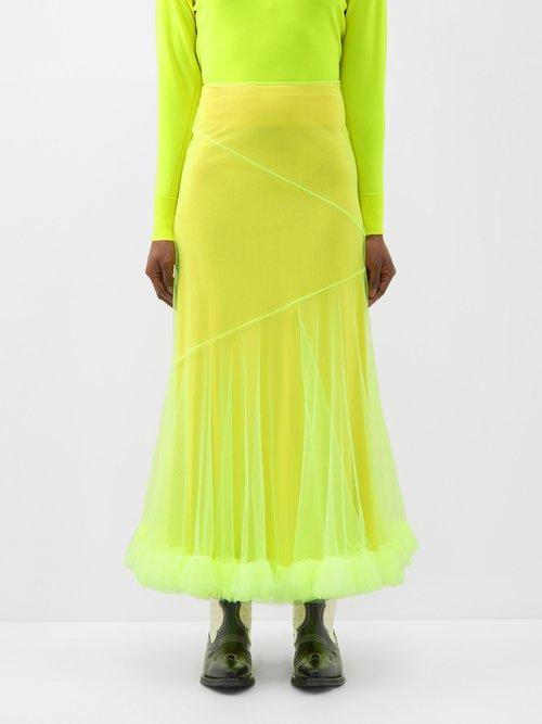 Molly Goddard - Helga Asymmetric Tiered Tulle Midi Skirt - Womens - Neon Yellow
