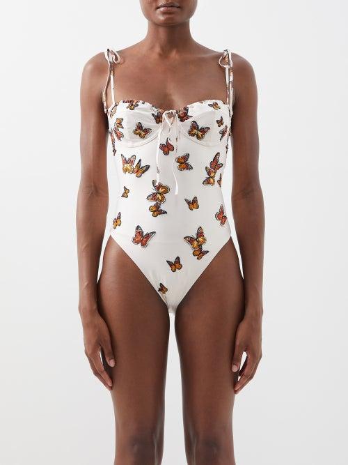 Agua By Agua Bendita - Ebano Butterfly-embroidered Underwired Swimsuit - Womens - Red Print