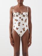 Agua By Agua Bendita - Ebano Butterfly-embroidered Underwired Swimsuit - Womens - Red Print