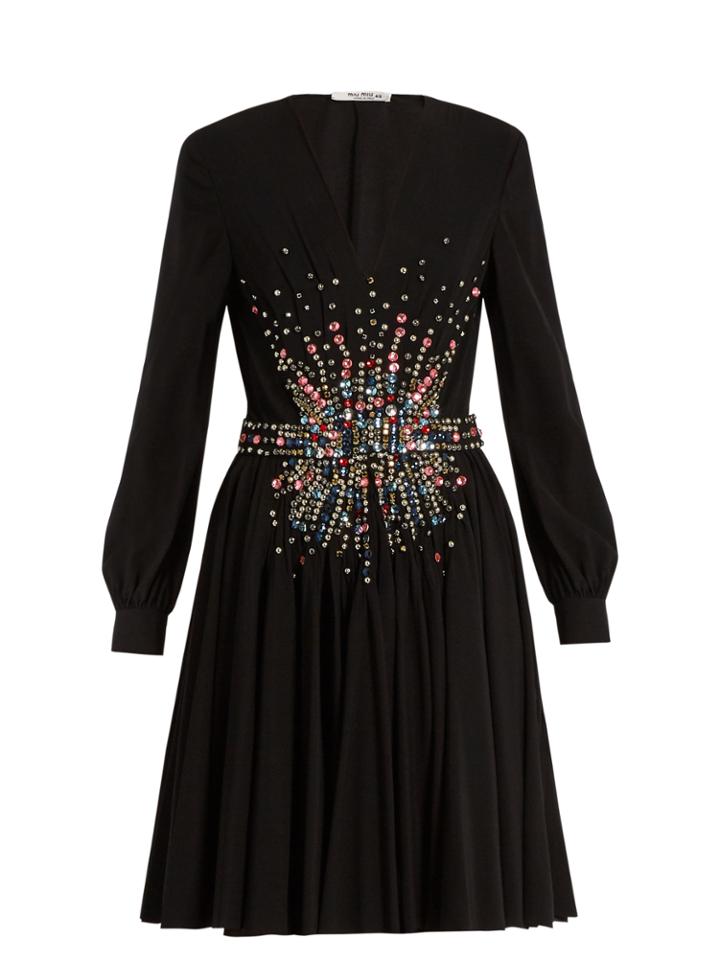 Miu Miu Plunging Embellished Silk Mini Dress