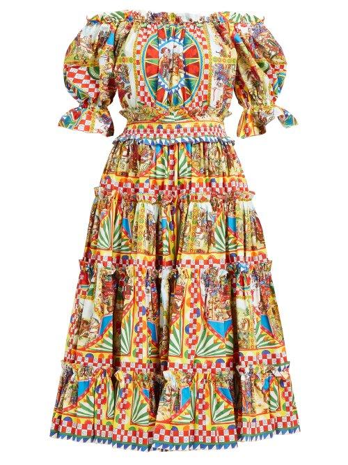 Matchesfashion.com Dolce & Gabbana - Carretto Print Off The Shoulder Cotton Midi Dress - Womens - Yellow Multi