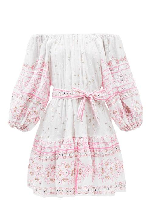 Juliet Dunn - Mosaic Off-the-shoulder Embroidered Cotton Dress - Womens - White Multi