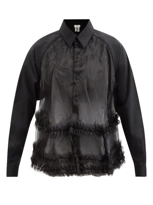 Noir Kei Ninomiya - Ruffled Tulle And Wool-twill Shirt - Womens - Black