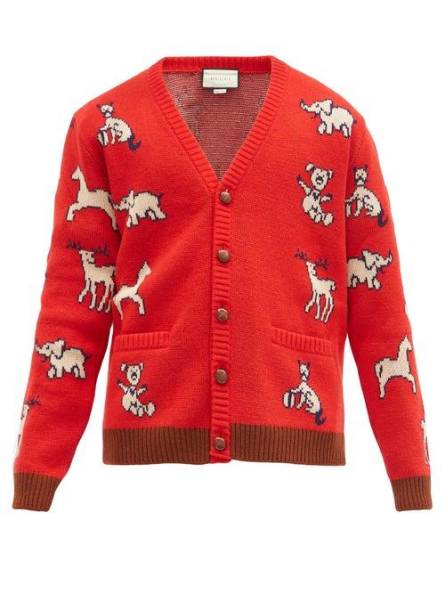 Matchesfashion.com Gucci - Animal-jacquard Wool-blend Cardigan - Mens - Red Multi