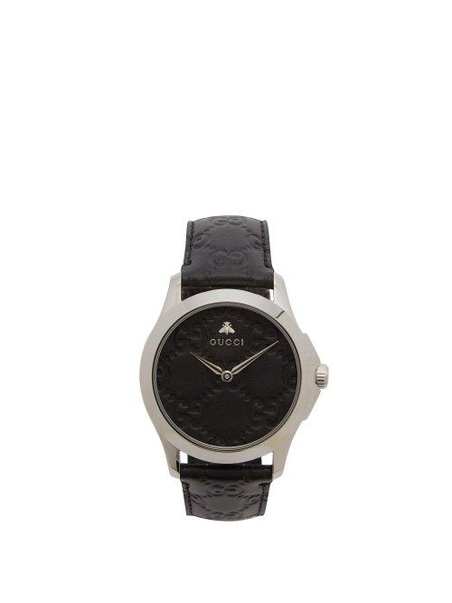 Matchesfashion.com Gucci - G Timeless Gg Embossed Leather Watch - Mens - Black Silver