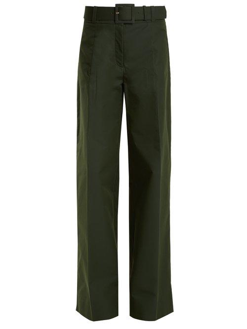 Matchesfashion.com Oscar De La Renta - High Rise Wide Leg Cotton Blend Trousers - Womens - Dark Green
