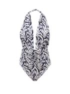 Matchesfashion.com Norma Kamali - Slinky Marissa Halterneck Zebra-print Swimsuit - Womens - Blue Print