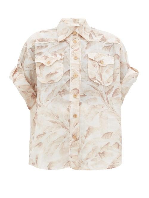 Matchesfashion.com Zimmermann - Super Eight Leaf-print Ramie Shirt - Womens - Cream Print