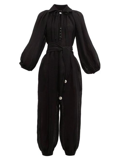 Matchesfashion.com Lisa Marie Fernandez - Poet Linen Blend Gauze Jumpsuit - Womens - Black