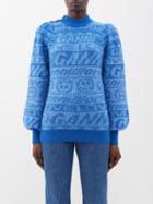 Ganni - Smile-jacquard Crystal-button Sweater - Womens - Blue