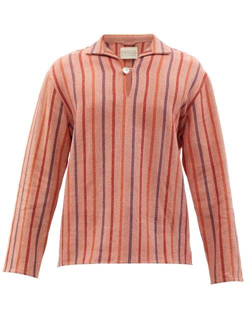 Harago - Striped Cotton-khadi Shirt - Mens - Orange Multi