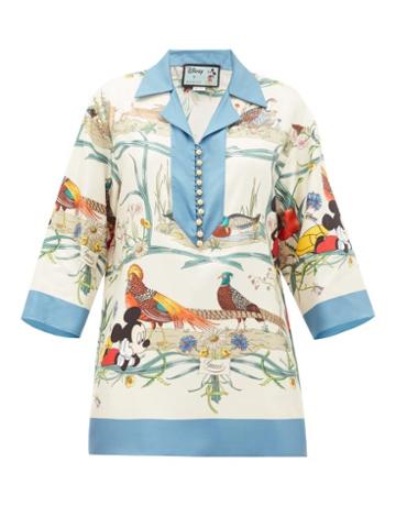 Matchesfashion.com Gucci - Mickey Mouse And Animal-print Silk Blouse - Womens - Blue Multi