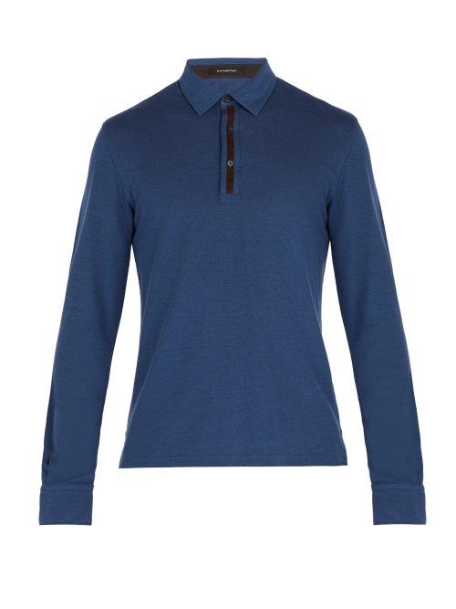 Matchesfashion.com Ermenegildo Zegna - Suede Trimmed Long Sleeve Polo Shirt - Mens - Blue