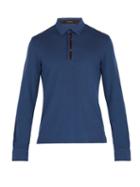 Matchesfashion.com Ermenegildo Zegna - Suede Trimmed Long Sleeve Polo Shirt - Mens - Blue
