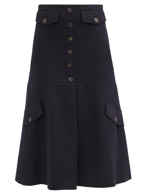 Matchesfashion.com Victoria Beckham - High-rise Wool-twill Midi Skirt - Womens - Navy