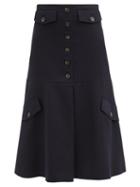Matchesfashion.com Victoria Beckham - High-rise Wool-twill Midi Skirt - Womens - Navy