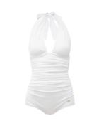 Matchesfashion.com Dolce & Gabbana - Halterneck Ruched Swimsuit - Womens - White
