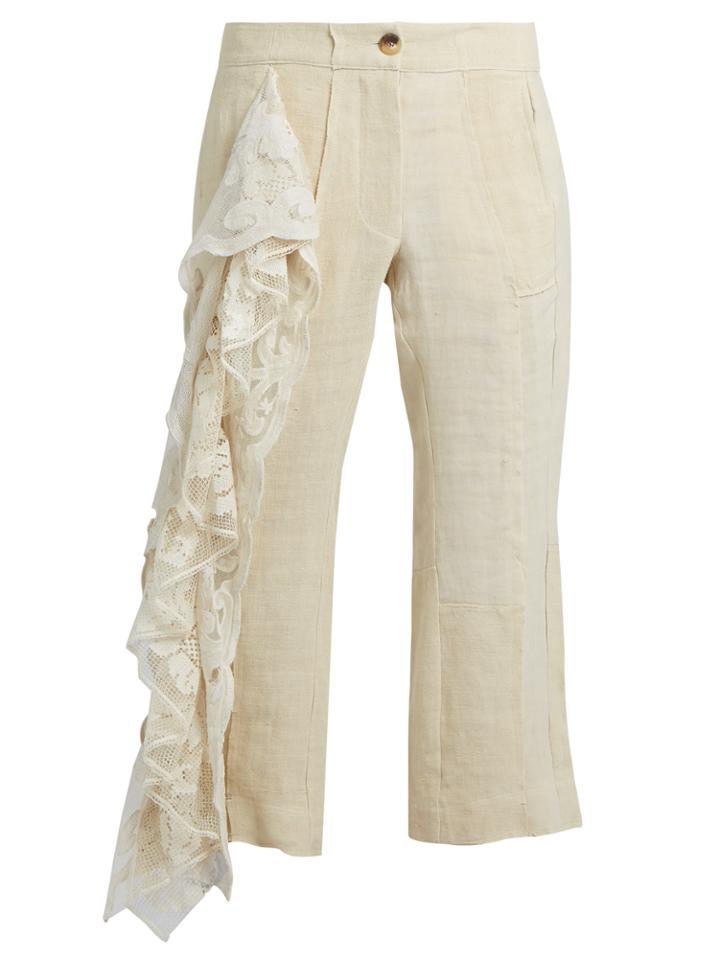 By Walid 19th-century Lace-panel Linen Cropped Trousers