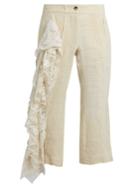 By Walid 19th-century Lace-panel Linen Cropped Trousers