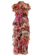 Matchesfashion.com Dolce & Gabbana - Peony And Rose Print Tiered Silk Chiffon Dress - Womens - Pink Multi