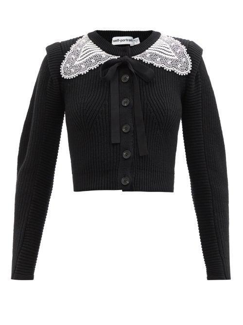 Ladies Rtw Self-portrait - Guipure Lace-collar Ribbed Wool-blend Cardigan - Womens - Black