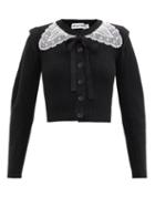 Ladies Rtw Self-portrait - Guipure Lace-collar Ribbed Wool-blend Cardigan - Womens - Black