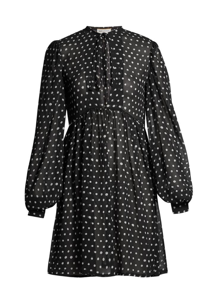 Saint Laurent Tie-neck Polka-dot Print Chiffon Dress