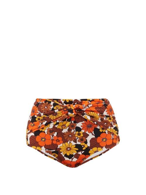 Matchesfashion.com Dodo Bar Or - Kayla Floral-print Knotted High-rise Bikini Briefs - Womens - Brown Print