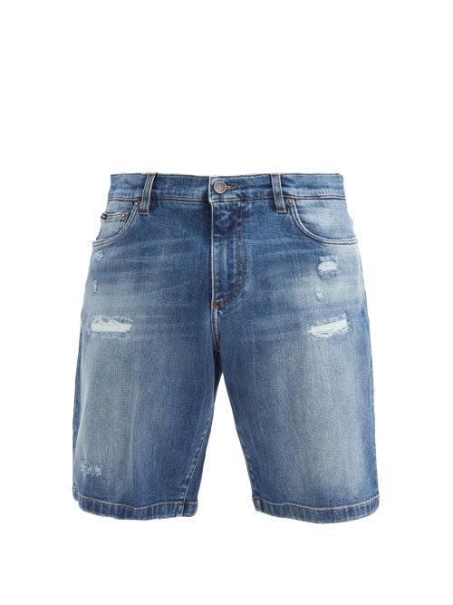 Dolce & Gabbana - Logo-patch Distressed Denim Short - Mens - Blue