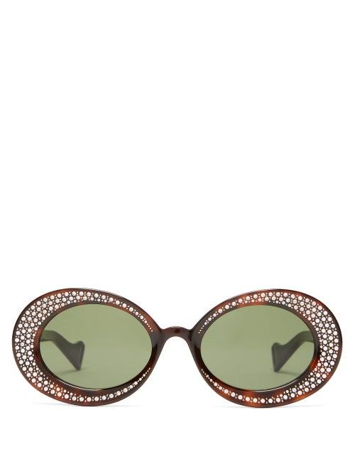 Matchesfashion.com Gucci - Crystal Embellished Oval Acetate Sunglasses - Womens - Black Silver