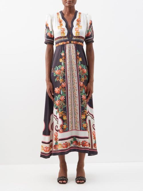 Saloni - Tabitha Printed Silk Midi Dress - Womens - Black White Multi