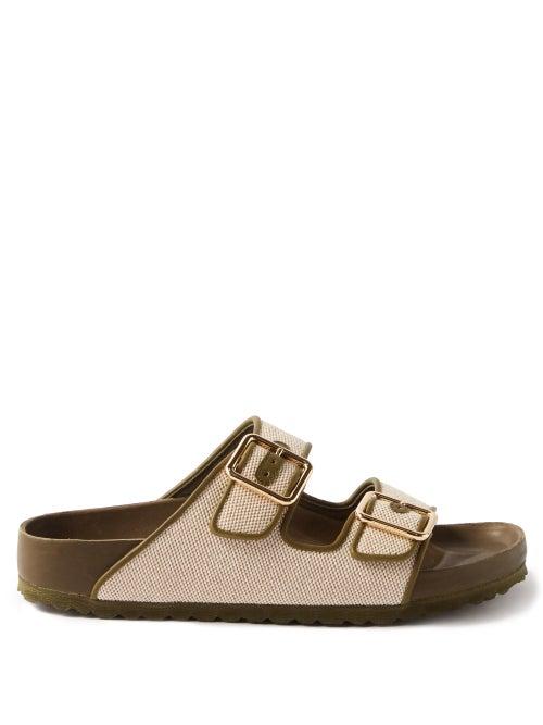 Birkenstock 1774 - 1774 Arizona Buckled Canvas & Leather Slides - Womens - Khaki
