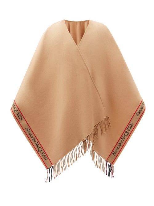 Matchesfashion.com Alexander Mcqueen - Logo-jacquard Fringed Wool-blend Cape - Womens - Camel