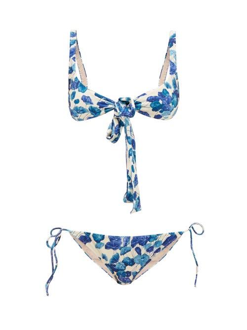 Matchesfashion.com Adriana Degreas - Tie-front Lotus-print Triangle Bikini - Womens - Blue Print